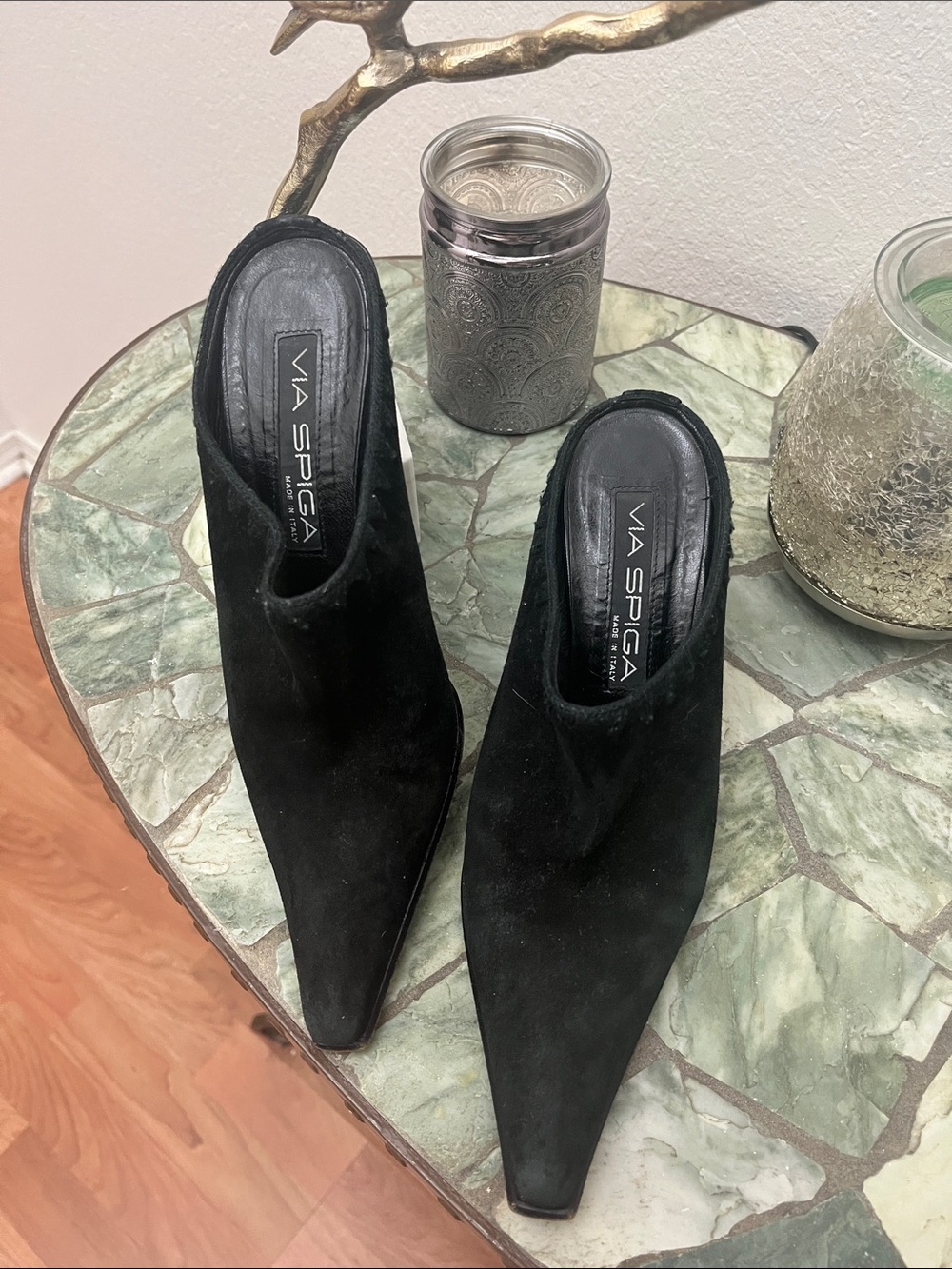 Via Spiga Black Pointed Suede Mule Heels
